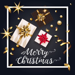 Fototapeta na wymiar Christmas greeting black card with gift box and gold bow and gift. Happy New Year decoration with confetti and light garland. Christmas typographical background with gold stars and elements. Vector.