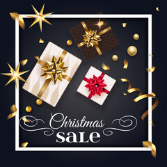 Fototapeta na wymiar Christmas sale poster with gift box and gold bow, christmas tree. Happy New Year decoration with confetti and light garland. Christmas typographical background with fir branches and elements. Vector.