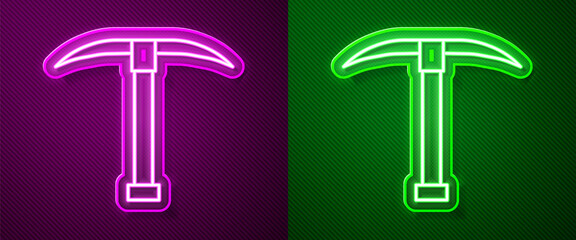 Glowing neon line Pickaxe icon isolated on purple and green background. Vector Illustration