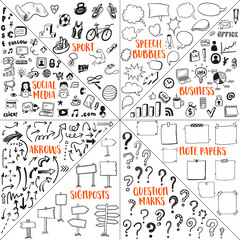 Big doodle set with hand drawn sport, speech bubbles, business, social media, sticky notes, question marks, curve arrows icons.