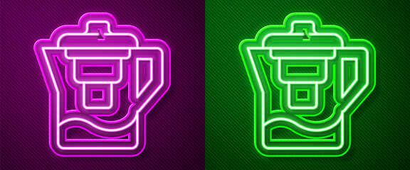 Glowing neon line Water jug with a filter icon isolated on purple and green background. Vector Illustration