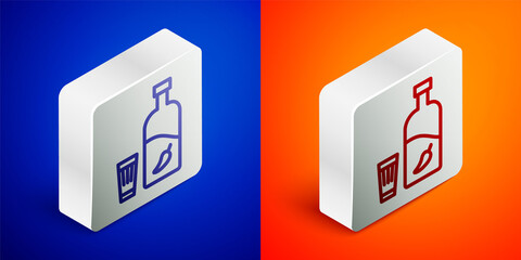 Isometric line Vodka with pepper and glass icon isolated on blue and orange background. Ukrainian national alcohol. Silver square button. Vector Illustration