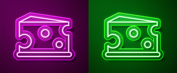 Glowing neon line Cheese icon isolated on purple and green background. Vector Illustration