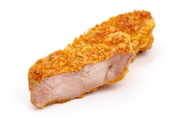 Crispy chicken fillet in breadcrumbs, isolated on white background