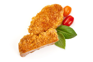 Breaded chicken fillet, isolated on white background