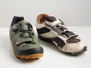 Old and new Bicycle shoes.