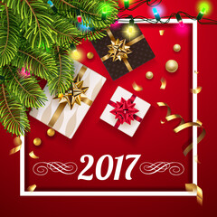 Fototapeta na wymiar Vector 2017 Happy New Year background with golden gifts bow under fir tree. Christmas decoration, confetti, light garlands on a greeting card.