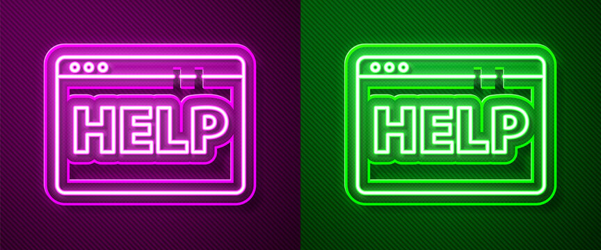 Glowing neon line Browser help icon isolated on purple and green background. Internet communication protocol. Vector Illustration