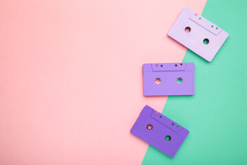 Old colorful cassettes on a colorful background. Music day
