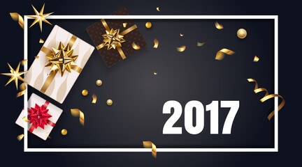 Vintage christmas greeting card with gifts bow, christmas tree. Happy New Year 2017 decoration with confetti and stars. Christmas typographical black luxury background with element. Vector.