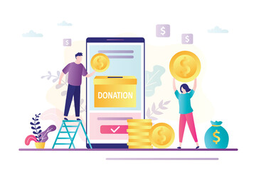 Business people donate money via smartphone. Donating money by online payment. Charity fundraising concept
