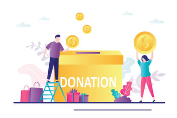 Male volunteer puts gold coin into donation box. Business people donate money. Concept charity fundraising, financial support and sponsorship