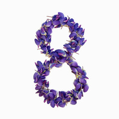 Photo No. 8 of purple flowers on a white background. Typographic design element. Part of the flower alphabet. Numeral 8.