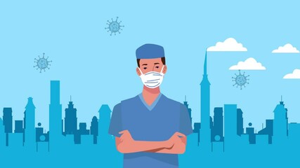 surgeon doctor using medical mask and cityscape animation