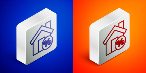 Isometric line House with percant discount tag icon isolated on blue and orange background. House percentage sign price. Real estate home. Silver square button. Vector Illustration