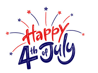 Happy 4th of July Independence day USA  handwritten phrase with stars and firework isolated on white background. Vector lettering illustration.