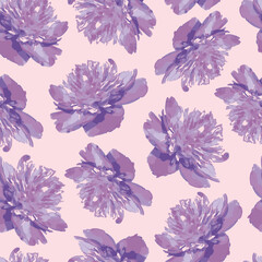 seamless pattern of beautiful realistic flowers of purple peonies on a lilac background