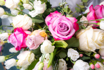 Beautiful bouquet of flowers. Roses, eustoma and tulips. Stylish present for all holidays. Happy birthday gift. Mother's day postcard. Spring mood.