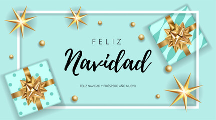 Fototapeta na wymiar Christmas modern blue background with gifts box with a gold bow. Template for postcard, booklet, leaflet, poster. Vector illustration EPS10 Spanish congratulation text Feliz Navidad.