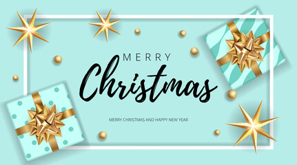 Fototapeta na wymiar Christmas modern blue background with gifts box with a gold bow. Template for postcard, booklet, leaflet, poster. Vector illustration EPS10 congratulation text Merry Christmas.