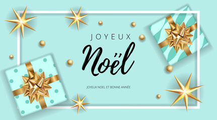 Fototapeta na wymiar Christmas Noel modern blue background with gifts box with a gold bow. Template for postcard, booklet, leaflet, poster. Vector illustration EPS10 congratulation French text Joyeux Noel.