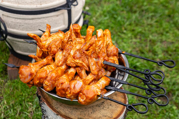 Pickled chicken legs and wings on skewers. Close-up.