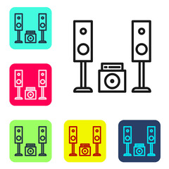 Black line Home stereo with two speaker s icon isolated on white background. Music system. Set icons in color square buttons. Vector Illustration