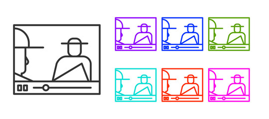 Black line Online play video icon isolated on white background. Film strip with play sign. Set icons colorful. Vector Illustration