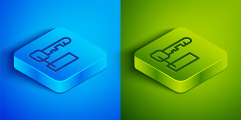 Isometric line Marked key icon isolated on blue and green background. Square button. Vector Illustration