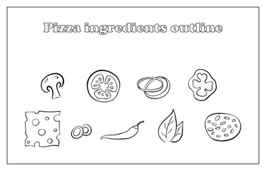 Set of different ingredients for pizza outline on white background.