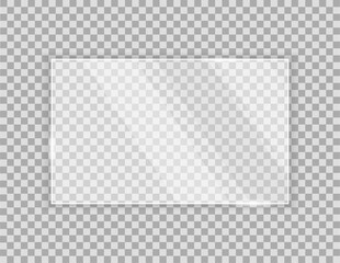 Rectangular sheet of clear glass on a transparent background with shine effect, vector illustration