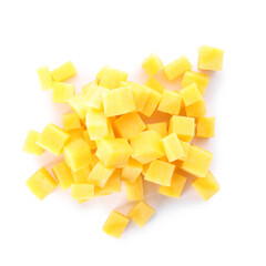 Raw yellow carrot cubes isolated on white, top view