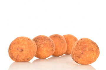 Fresh aromatic, cheese donuts, close-up, on a white background.