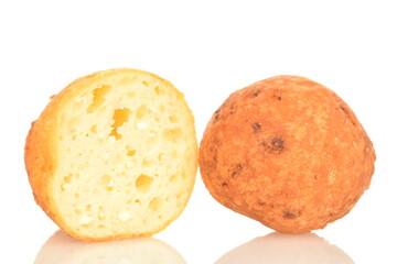 Fresh aromatic, cheese donuts, close-up, on a white background.