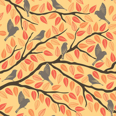 Abstract seamless pattern with handdrawn leaves and birds on the branch.