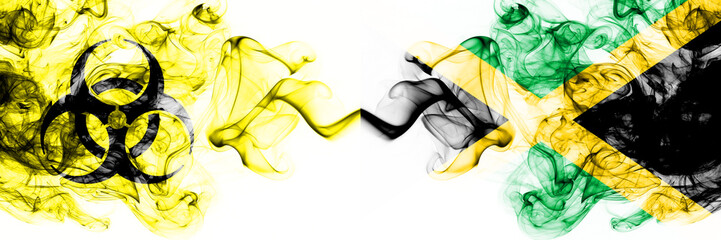 Jamaica, Jamaican Quarantine. Coronavirus COVID-19 lockdown. Smoky mystic flag of Jamaica, Jamaican with biohazard symbol placed side by side.