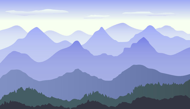 Beautiful blue gradient mountain landscape with fog and forest. Sunrise and sunset in mountains. Sunset in mountains landscape. Vector illustration background