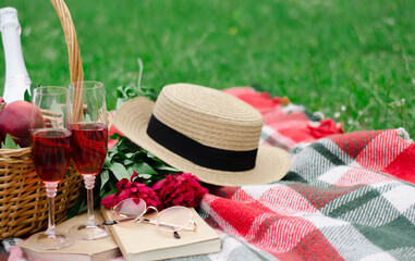 on a plaid products and drinks with subjects are placed