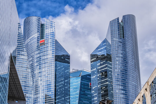 Skyscrapers of the headquarters of the French Bank Societe Generale. Famous biggest business district in France - La Defense to west of Paris. May 28, 2019.
