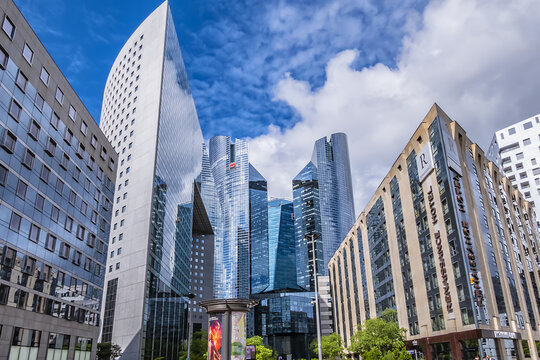 Skyscrapers of the headquarters of the French Bank Societe Generale. Famous biggest business district in France - La Defense to west of Paris. May 28, 2019.