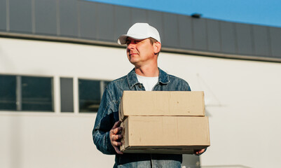 male courier in the blue costume and a cap taking out mail carton boxes from the white van on the sunny day in the street. Outdoor. - obrazy, fototapety, plakaty