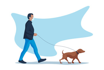 man walking with his dog, young boy using mask, isolated vector, outdoors activities, coronavirus protection, free walk.