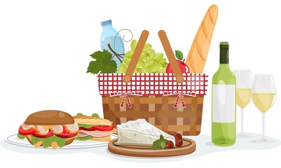 Picnic basket with baguette, wine, sandwich, cheese. Summer vector illustration