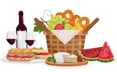 Picnic basket with pretzel, wine, sandwich, cheese, watermelon. Summer vector illustration