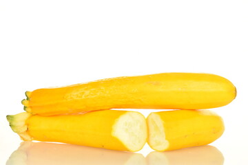 Fresh ripe, bright yellow zucchini, close-up, on a white background.
