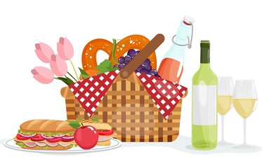Picnic basket with pretzel, flowers, wine, lemonade boyttle, sandwich. Summer vector illustration
