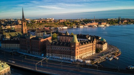 Fototapeta na wymiar Norstedts Building in Stockholm, Sweden at Golden Hour by drone