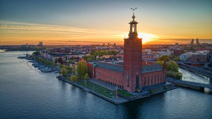 Rådhuset in Stockholm, Sweden by drone at sunset