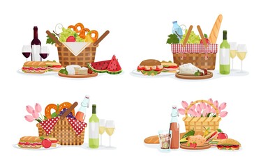 Set with picnic baskets full of food and drinks wine, fruits, vegetables, pretzel, baguette for outdoor lunch. Vector illustration