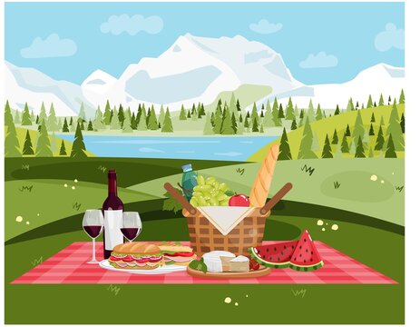 Picnic basket with food and drinks on landscape background with mountains. Summer vector illustration